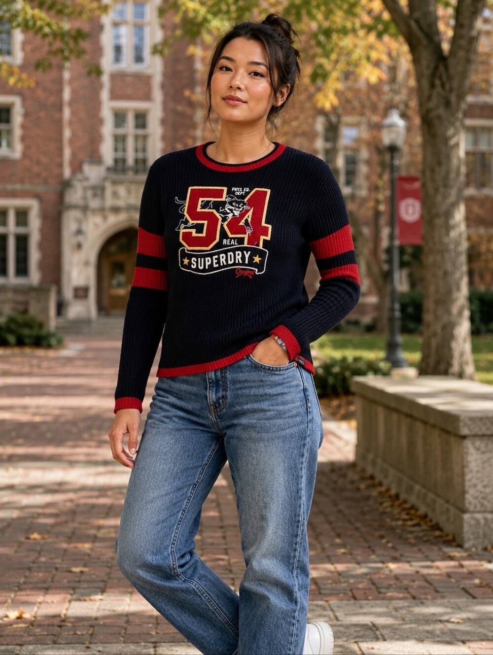 Superdry 54 Varsity Logo Rib Knit Sweater Navy Red Y2K Collegiate US 4